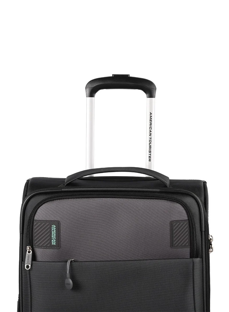 AMERICAN TOURISTER  Majoris + Suitcase, Cabin Size 59 cm, 4 Spinner Wheels, Soft Top, 100% Polyester, Black|Corner Guards|Multi Front Pocket|TSA Combination Lock|Expandable|Retractable Aluminum Handle - 3 Years International Warranty  | Best Price UAE